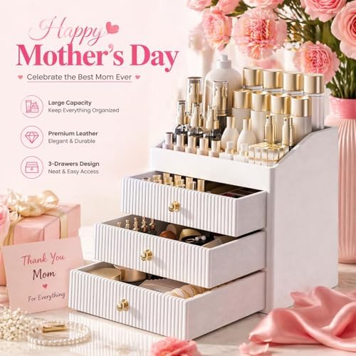LADSTAG Vanity Organizers,Luxury Skincare Organizer with 3 Tier Drawers,Beige White Large Capacity Cosmetic Organizer Co
