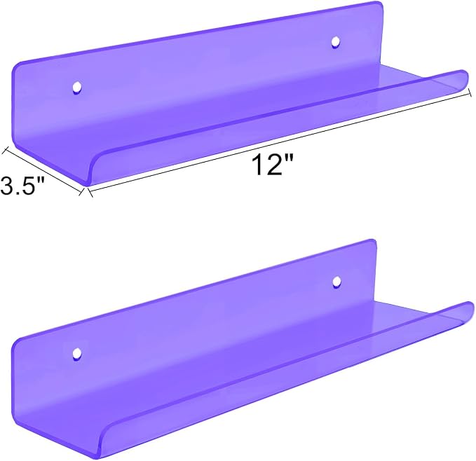 ROYALITA 2-Pack Small Acrylic Shelves Wall Mounted, 12 in Display Shelves | for Small Items, Plants, Room Decor Floating Wall Shelves for Gaming Room, Bedroom, Living Room, Office, Purple