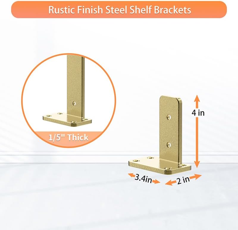 Floating Shelf Brackets Upgraded,4 inch, Gold Heavy Duty Iron Shelf Brackets, Industrial Modern Floating Shelf Support f