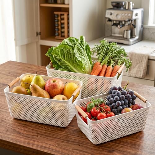3 Pack Plastic Mesh Basket, White Weave Baskets with Wooden Handles