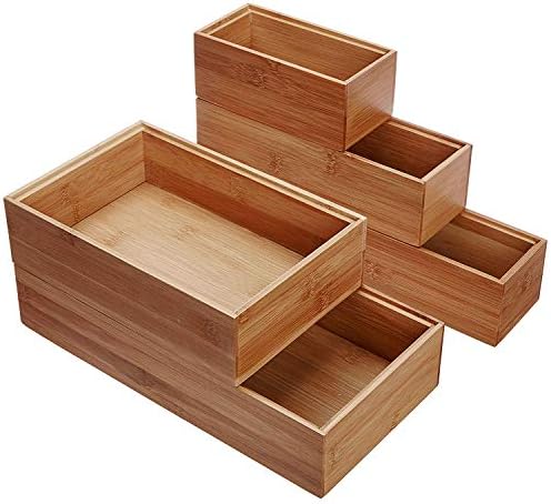 Lipper International 88005 Bamboo Wood Drawer Organizer Boxes, Assorted Sizes, 5-Piece Set