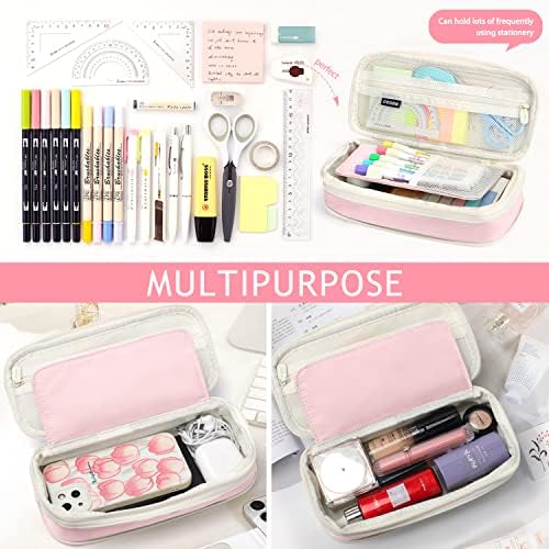 KPX Big Capacity Pencil Pen Case Bag with Zipper Office College School Storage Large Capacity Bag Pouch Holder Box Organizer Colorful (Pink)