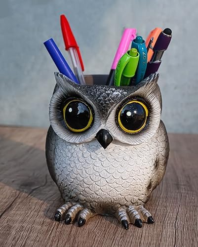 Ebros Tools Of Wisdom Whimsical Great Horned Owl Owlet Baby Stationery Make Up Brush Holder Statue Fantasy Nocturnal Chibi Owls Themed Organizer Office Desktop Pen Pencil Figurine
