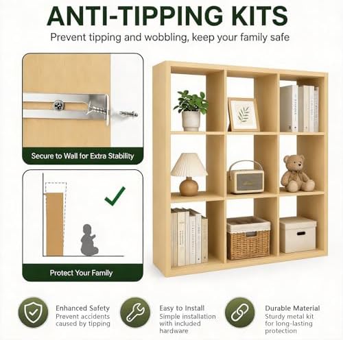 CTESNE【Wooden Thick Frame 9 Cube Storage Organizer Shelf with Anti-Tipping Kits + Reversible Open Back Bookcase, Horizon