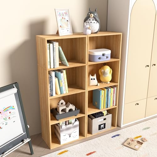 Wooden 4 Cube Storage Organizer, 4 Tier Tall Modern Bookshelf Freestanding Storage Display Organizer, Versatile Cubes Sh