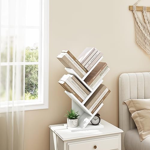 Hoctieon 4 Tier Tree Bookshelf, 4 Shelf Bookcase, Free Standing Tree Bookcase, Display Floor Standing Shelf for Books, B