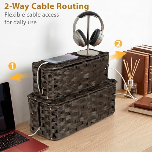2 Pack Handwoven Cable Management Box with Lid, Decorative Cord Organizer for Power Strips, Chargers, TV Wires, Desk, Ho
