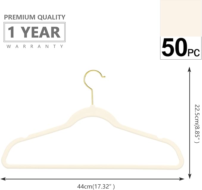 MIZGI Premium Velvet Hangers Pack 50 Pcs Heavyduty - Non Slip Slimline - Velvet Suit Hangers Ivory - Gold Hooks,Space Saving Clothes Hangers …