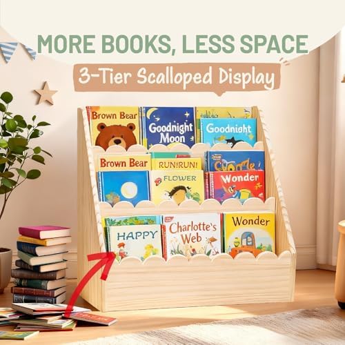 Scalloped Kids Book Shelf, Montessori 3-Tier Wooden Toddler Bookshelf for Ages 1–5, Nursery & Kids Room Bookshelf, Safe 