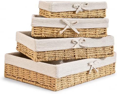 Lined Baskets for Shelves, Set of 4 Woven Paper Rope, Khaki