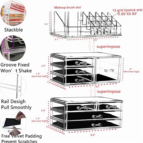 Cq acrylic 3 Pack Clear Makeup Organizer for Vanity,Countertop,Stackable 8 Drawers Cosmetic Storage for Hair Clip,Jewelr