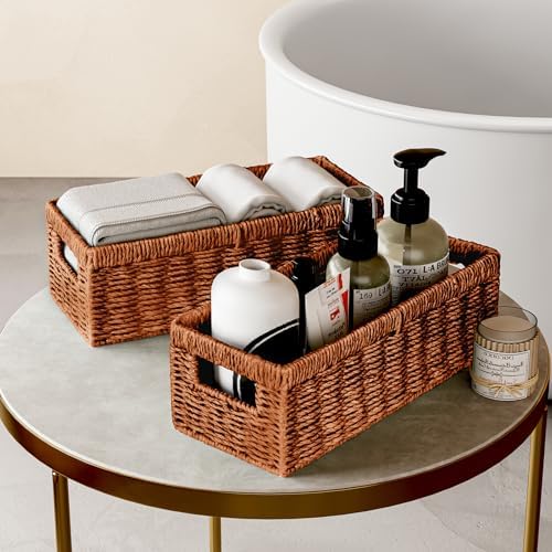 Vagusicc Wicker Storage Basket, Paper Rope Wicker Baskets with Handles, Toilet Paper Basket for Toilet Tank Top, Small Wicke Baskets for Organizing Shelves, 2-Pack, Orange