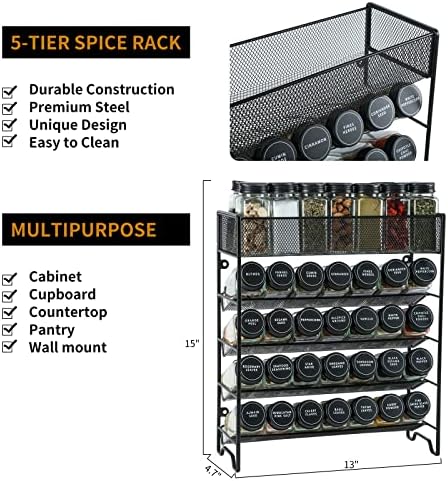 Skiileor Spice Rack Organizer with 28 Spice Jars, Black Lids, Spice Labels