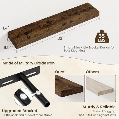 Axeman 32Inch Floating Shelves for Wall, 2 Packs, Invisible Brackets, Brown