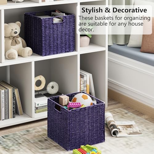 Vagusicc Wicker Storage Basket, Set of 2 Hand-Woven Paper Rope Wicker Basket, Foldable Cube Storage Bins, Square Large S