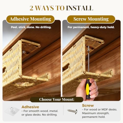 Handmade Rattan Under Desk Cable Management Tray 2 Pack, Natural