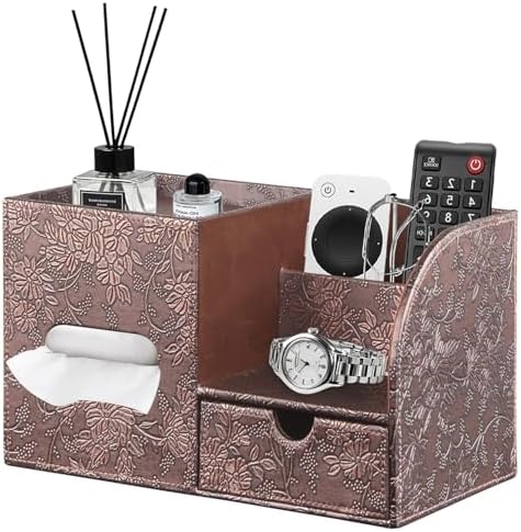 PU Leather Tissue Box Cover Square with Drawer Storage and Tray on Top