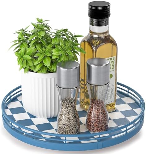 Blue and White Checkerboard Lazy Susan with Rubberwood Base and Metal Rail