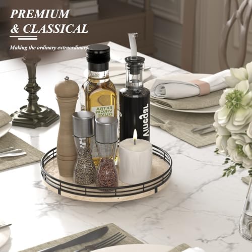 AMH 10-Inch Italian Travertine Lazy Susan with Black Metal Frame