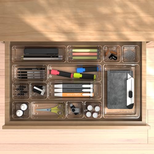Cetomo 25 Pcs Drawer Organiser Set, Plastic Storage Drawer Organizer, Drawer Dividers, Adjustable and Expandable, Container Tray for Kitchen Utensils, Cosmetic, Makeup, Gadgets, Clear, 4 Size-25 Pack