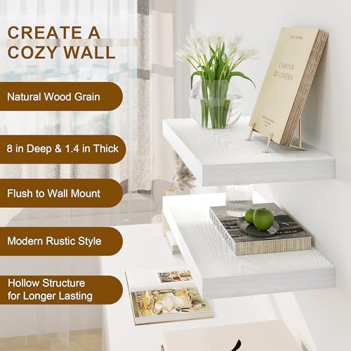 Fun Memories White Floating Shelves 16 Inch Long, 8 Deep Floating Shelf Wall Mounted, 16 x 8 Inch Wooden Bathroom Shelve
