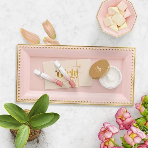 2 Pack Pink Bathroom Vanity Tray for Countertop with Beads, Small Plastic Toilet Tank Versatile Storage Organization Tra