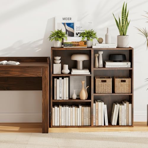 POWERSTONE 3 Tier Bookcase Set of 2, Small Open Bookshelf, Wooden Storage Book Shelf with Adjustable Panels for Living R
