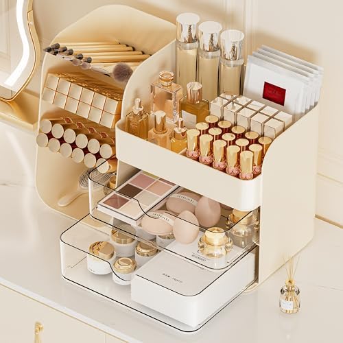 Makeup Organizer with 2 M Drawers & Brush Holders - Cosmetic Storage Case for Vanity, Bathroom Countertop & Desk - Skinc