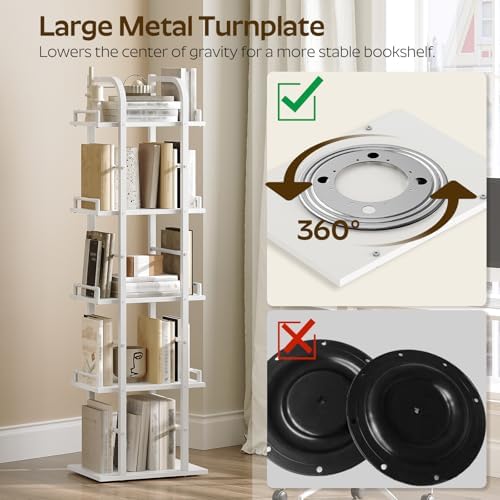 YATINEY 5 Tier Rotating Bookshelf, Freestanding Corner Bookshelf, 360 Spinning Bookcase Tower, Tall Industrial Style Org