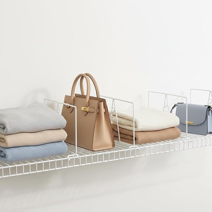 Wire Shelf Dividers - White Closet Organization & Storage Organizer - No Tool Shelf Divider for Wire Shelves - Metal Shelf Accessories – for 12“ Deep Wire Shelves – Tall 7” Height – 4 Pack