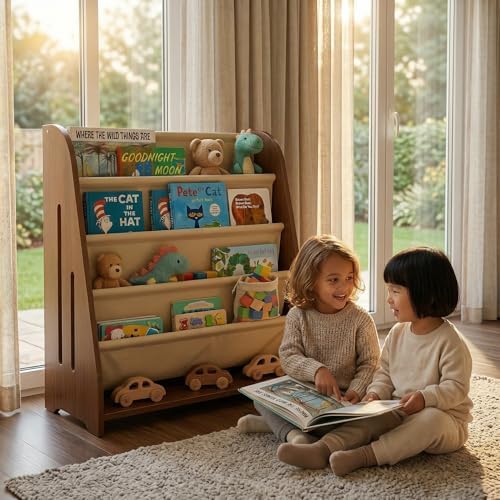 Perugina Wood Kids Bookshelf Fabric 5Tier,WalnutPattern