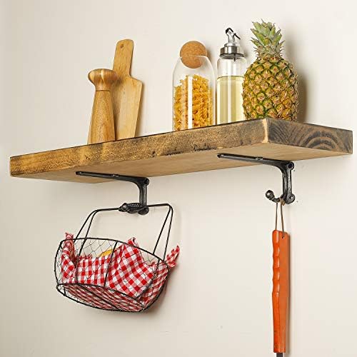 Metal Wall Shelf Brackets 8 Inch with Hooks Heavy Duty Brackets for Floating Shelves, Cast Iron Shelf Bracket Black 2 Pa