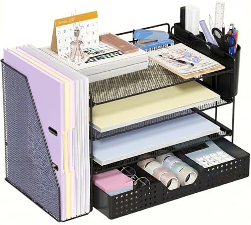 ECOLOVI Desk Organizer, 4-Tier Paper Organizer Letter Tray with File Holder, Drawer and 2 Pen Holders, Desktop File Organizer for Office Supplies, Workspace Storage, Black