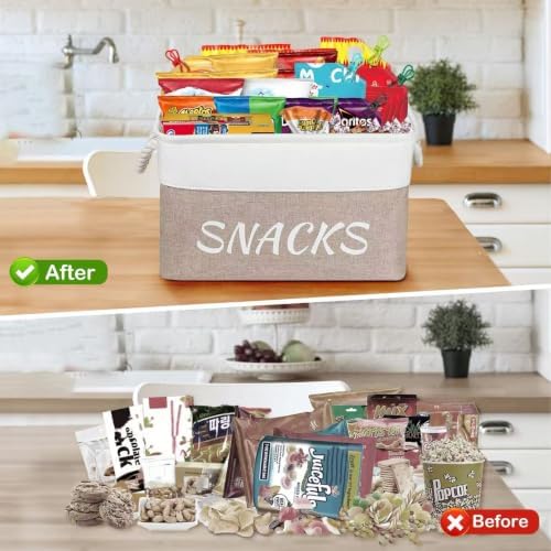 Snack Organizer for Pantry, Decorative Snack Basket with 10pcs Chip Clips, Snack Organizer for Desktop, Collapsible Snac