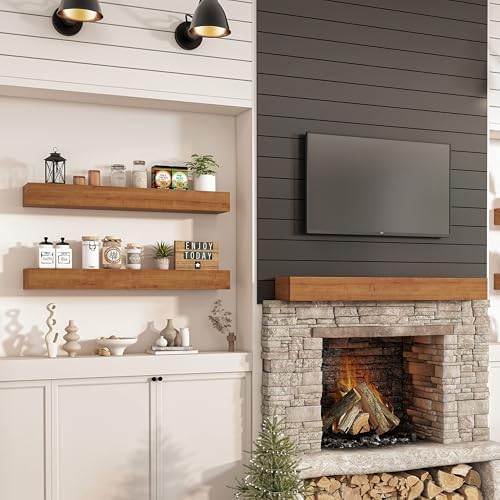 Wall Floating Shelves, Rustic Wood Shelf for Wall Mounted - Wooden Handmade Shelves for Bathroom Kitchen Livingroom(Walnut, 36 Inch - 2 Pack)