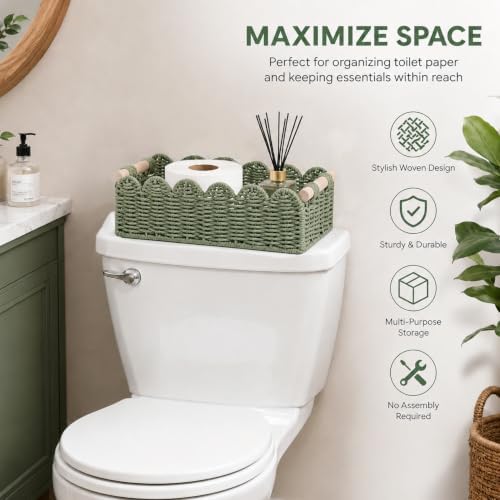 2 Pack Scalloped Paper Rope Toilet Paper Baskets with Wood Handles