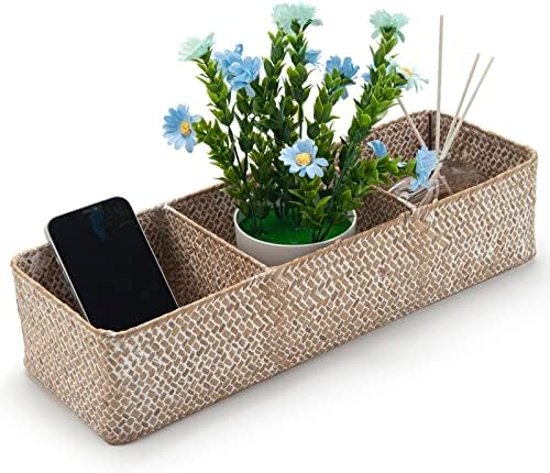 Whitewash Seagrass Toilet Paper Basket 3 Sections 16.5 x 5.5 x 3.5inch