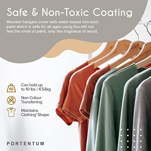 PORTENTUM Wooden Hangers, Pack of 10, Natural Colour. 360º Swivel Hook, All Types of Clothes, Trouser Hangers, Non-Slip 