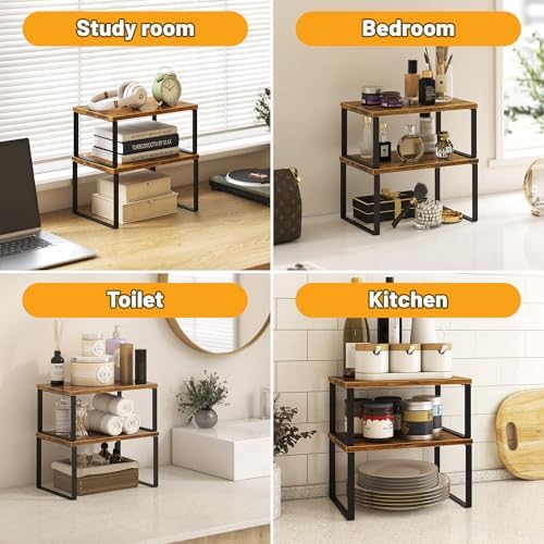 Kitchen Cabinet Organizer Shelf Set of 4, Sturdy Kitchen Counter Shelves with Metal Legs, Stackable Expandable Wood Spic