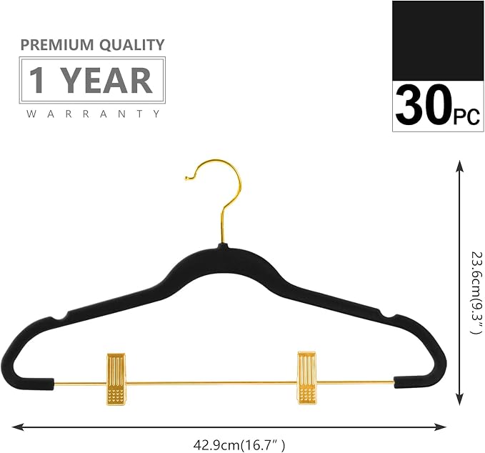 MIZGI Premium Velvet Pants Hangers with Adjustable Clips (Pack of 30) Slim Skirt Hangers- Non Slip Felt Outfit Dress Hangers Black - Gold Hooks,Space Saving Shirt Clothes Hangers