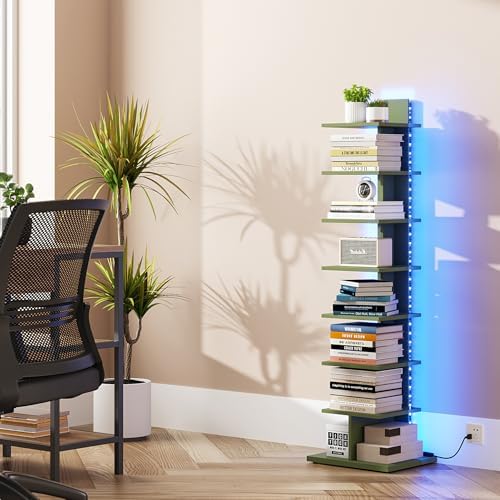 TUTOTAK Book Shelf, Narrow Spine Bookshelf, 8-Tier Bookcase with LED Lights