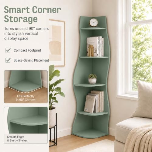5-Tier Wavy Corner Shelf with Curvy Shape for Small Space,Sage Green
