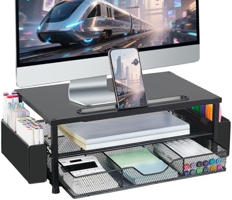AUPSEN Wood Computer Monitor Stand Riser, 2-Tier Black Desk Organizer with Drawer, Pen Storage & Phone Holder ，Office De