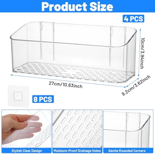 4 Pack Adhesive Cabinet Door Organizer, Bathroom Cabinet Door Organizer Bins for Inside Cabinets Doors Storage, Clear Wa