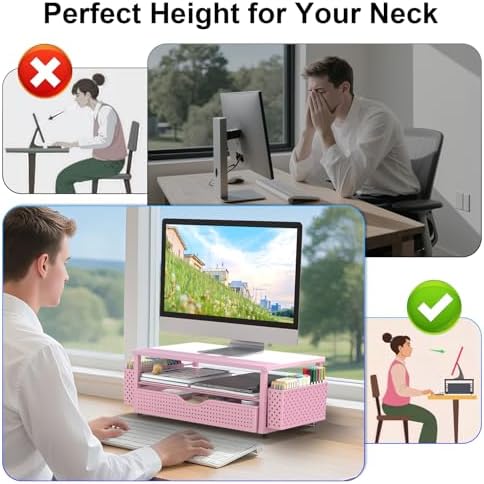 Spacrea Computer Monitor Stand with Drawer and 2 Pen Holders, Pink