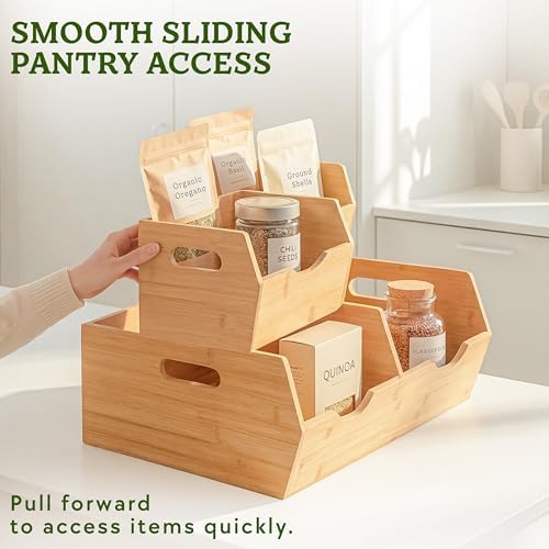 HOMESTEAD Extra Large Bamboo Pantry Storage Bins – 30% Larger, Stackable Potato Onion Storage Bin, Pantry Organizers and