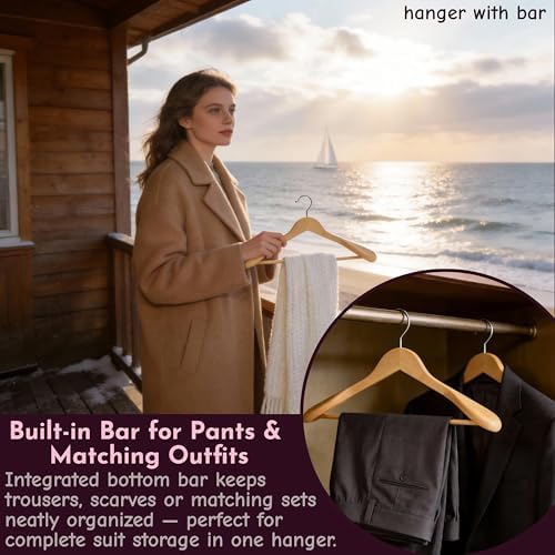 Luxury Wide Shoulder Wooden Suit Hangers with Pants Bar, Classic Solid Wood Jacket Clothes Hangers Smooth Finish for Sweater Dress Pants Sport Coats (Natural, 6 Pack)