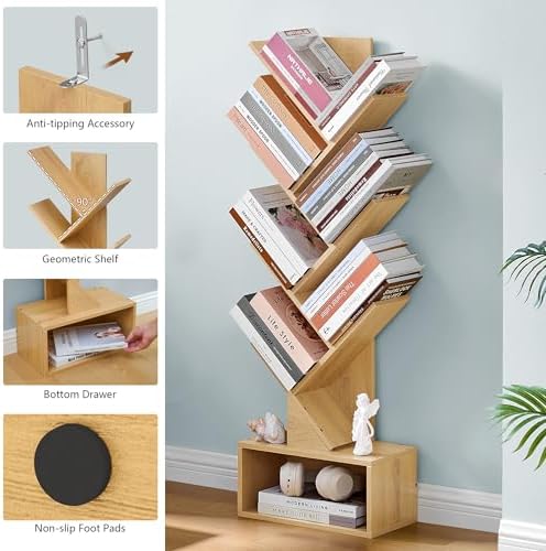 Hoctieon 6 Tier Tree Bookshelf, Tall Bookcase with Drawer, Freestanding Book Shelf, Display Floor Standing Storage Shelf