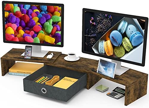 WESTREE Dual Monitor Stand Riser with Drawer, 3 Shelf Computer Monitor Riser with Adjustable Length and Angle, Desktop M