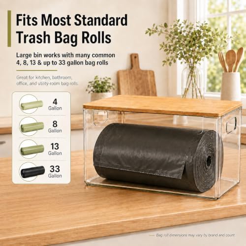 3 Pack Pantry Organizers and Storage Bins with Bamboo Lids,Trash Bag Holder
